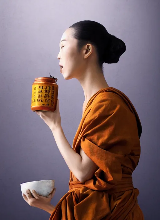 Image similar to full portrait of a female monk drinking a jar of baijiu by wlop, wuxia, xianxia, drunken boxing, drunken fist, drunken master, weathered olive skin, athletic, playful, fully clothed, monk's robe, baijiu, clay jar, detailed, realistic, anatomically accurate, fantasy illustration, artstation, wlop.