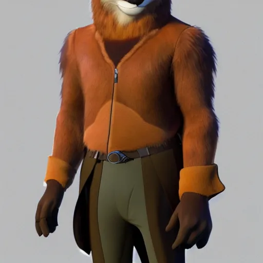 Prompt: 3 d render, portrait, anthropomorphic fox, male, in a brown leather maxi jacket, in the style of zootopia, closeup, artstation