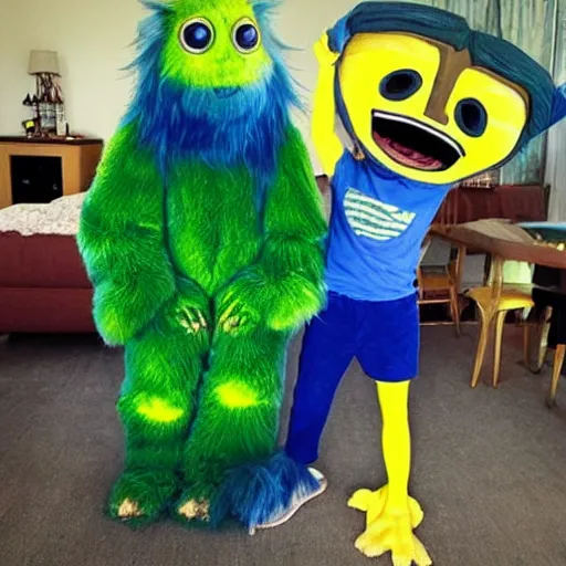 Image similar to “ green alien with yellow shirt and blue pants standing next to a blue furry monster and making silly faces ”