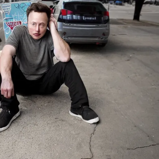 Image similar to elon musk as a homeless man, 4 k