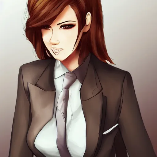 Prompt: woman in business suit, brown neat hair, pixiv, fanbox, trending on artstation, portrait, modern, sleek, highly detailed, formal, serious, determined, competent, colorized, smooth, charming, pretty, safe for work