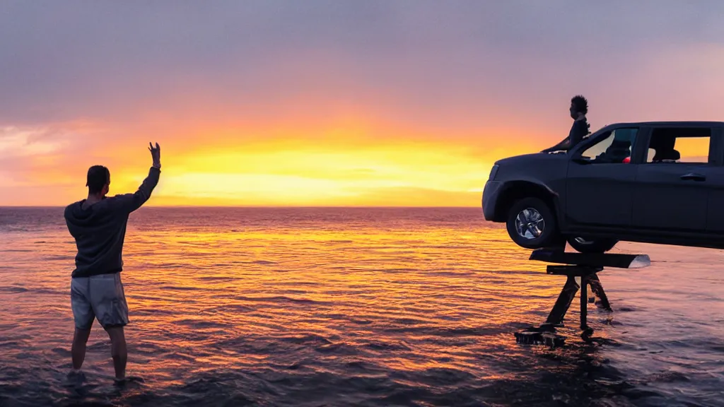 Image similar to a dramatic movie still of a man standing on the roof of a car driving through the ocean at sunset, golden hour