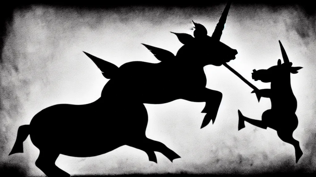 Image similar to flying pig with unicorn horn, derek hess style, black and white, 35mm, 8k