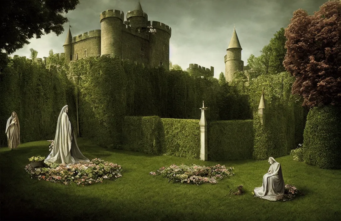 Image similar to queen of heaven sequestered corner of a garden within a castle walls the rules of proportion, scale, and perspective are disregarded render by gregory crewdson