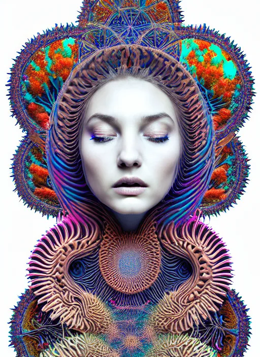 Prompt: ridiculously beautiful young womans face, radiating psychedelics, blooming, portals into dimensions, coral, birds, symmetrical, in the style of ernst haeckel, effervescent, sacred geometry, surrealism, photo realistic, epic and cinematic, 3 d, clear, sharp