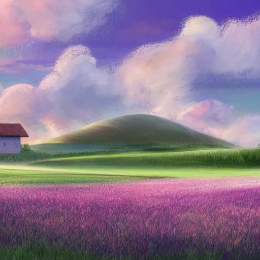 Prompt: a beautiful field landscape illustration of a big town with a heavenly by a pool surrounded by rolling hills, during spring, with a few clouds by chase stone, pat oliphant, featured on behance, featured on artstation, featured on illustrationx, featured on conceptartworld, concept art, barometric projection, f 1 6