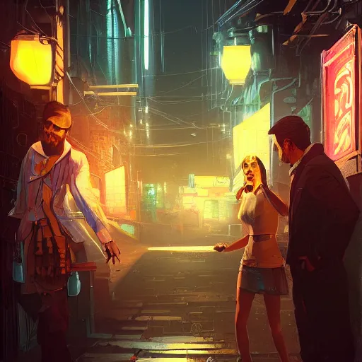 Prompt: two people haggling, detailed digital illustration by greg rutkowski, cyberpunk back alley, nighttime, colorful lighting, android netrunner