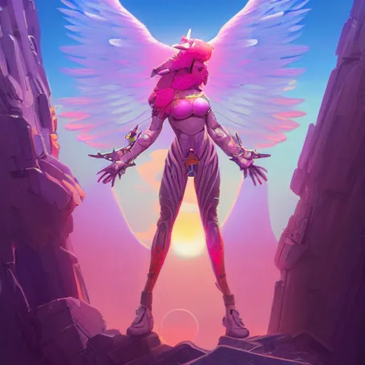 Prompt: an angelic hyperdetailed 3 d matte painting of a female warrior in an angelpunk mechasuit in the style of overwatch hero and hyper light drifter over a beautiful sunset color scheme by peter mohrbacher by beeple by peter max