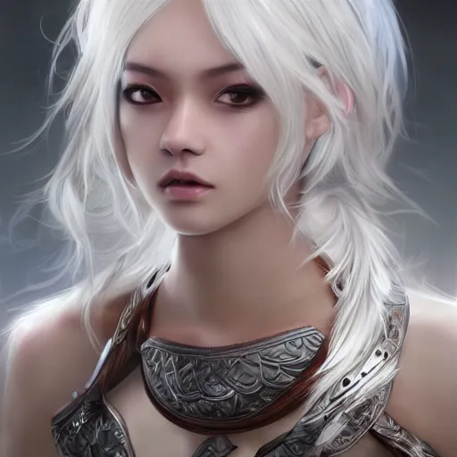 Prompt: realistic beautiful gorgeous natural cute fantasy badass epic warrior tribal girl white blonde silver hair tanned skin art drawn full HD 4K highest quality in artstyle by professional artists WLOP, Taejune Kim, yan gisuka, JeonSeok Lee, artgerm, Ross draws, Zeronis, Chengwei Pan on Artstation