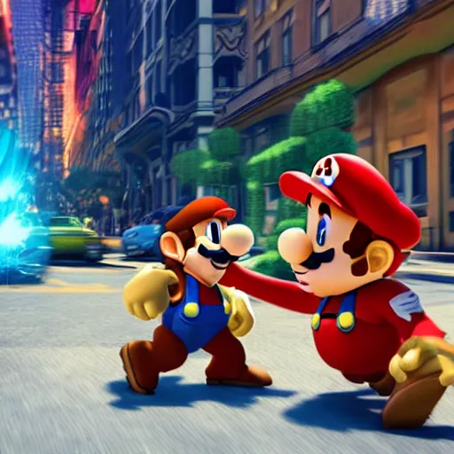 Image similar to a beautiful photo of mario fighting donky kong in the street, ultimate octane render, 8 k