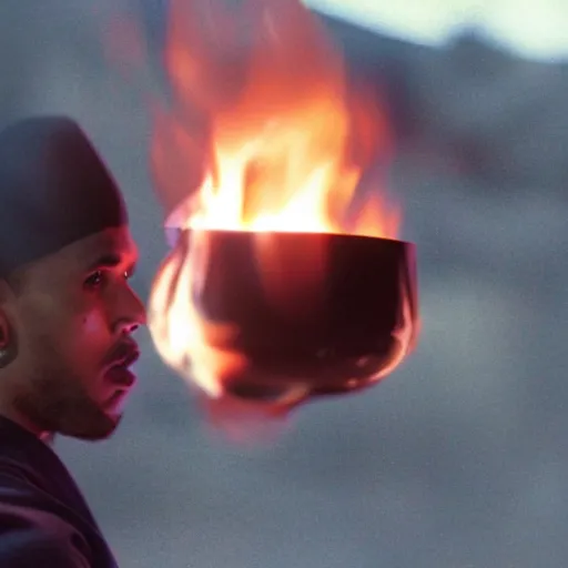 Image similar to cinematic film still of Chris Brown starring as a Japanese Sensei with fire, Japanese CGI, VFX, 2003, 40mm lens, shallow depth of field, film photography