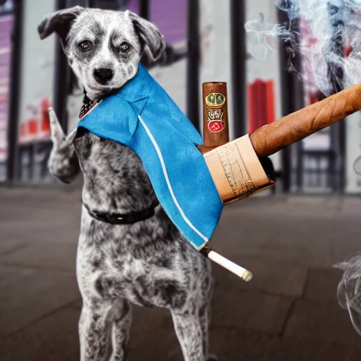 Image similar to Blue Heeler dog wearing a suit and smoking a cigar, holding a shotgun and pointing it at someone.