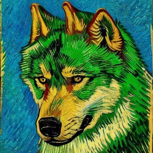 Prompt: green wolf, style of van gogh