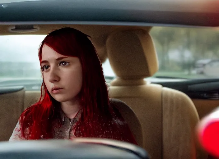 Image similar to A very high resolution image from a new movie, inside of a car, teen red hair woman, raining, hot, directed by wes anderson