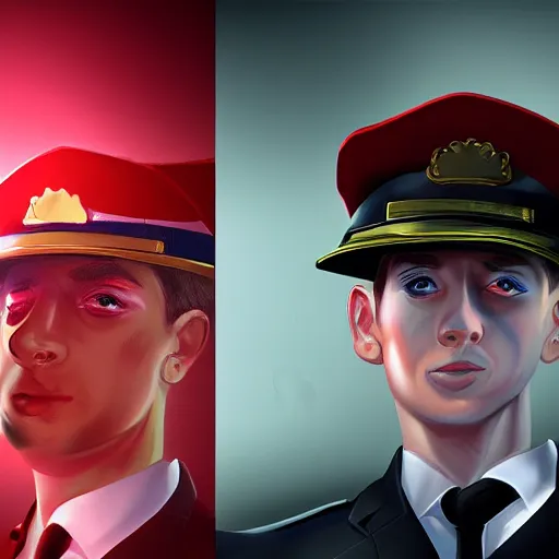 Image similar to pale skin security officers beige uniform and caps % glowing red skin % trending on artstation high detail digital painting