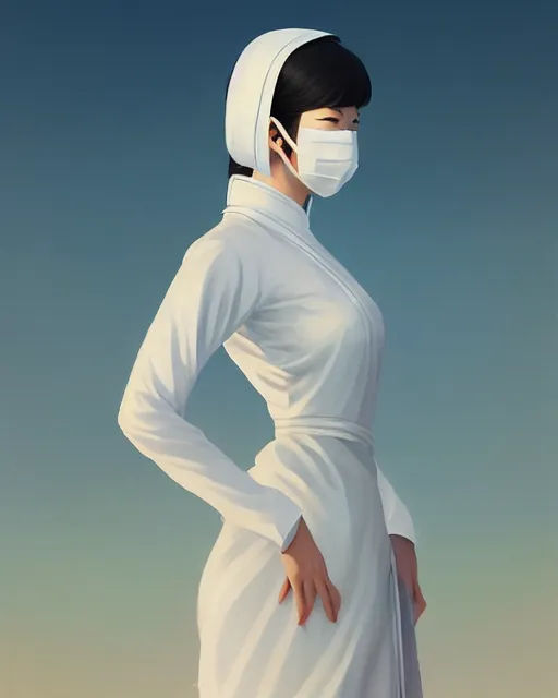 Prompt: asian female, white cloth mask wearing traditional ao dai, full moon on the sky, a ultra detailed beautiful panting by ilya kuvshinov, greg rutkowski and makoto shinkai, trending on artstation