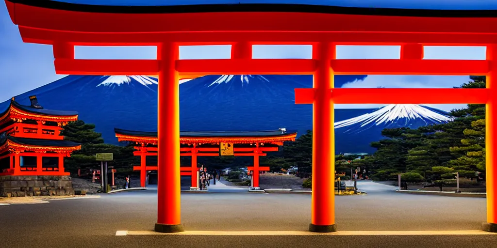 Image similar to A night photo of a american yellow school bus entering a Red Japanese Torii gate at Mount Fuji location in Japan, time travel, 4K, global illumination, ray tracing, octane render