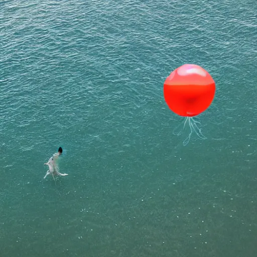 Prompt: a fish floating away from the sea tied to a ballon