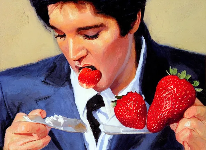 Image similar to a highly detailed beautiful portrait of elvis presley eating strawberry, by gregory manchess, james gurney, james jean