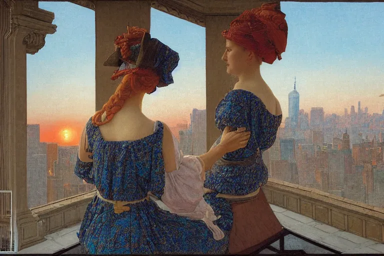 Image similar to painting of a lady, in a rooftop, watching new york, beautiful, sunset, romantic, by ludwig deutsch and maxfield parrish, patterned tilework, extremely detailed, cinematic lighting, smooth sharp focus