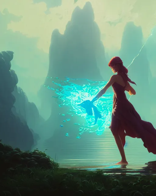 Image similar to highly detailed vfx portrait of a mage casting water spell, unreal engine, greg rutkowski, loish, rhads, beeple, makoto shinkai and lois van baarle, ilya kuvshinov, rossdraws, tom bagshaw, alphonse mucha, global illumination, detailed and intricate environment