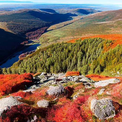 Image similar to autumnal view from the top of a scottish mountain with heather, pine forests, blue skies, rivers and cirrus clouds