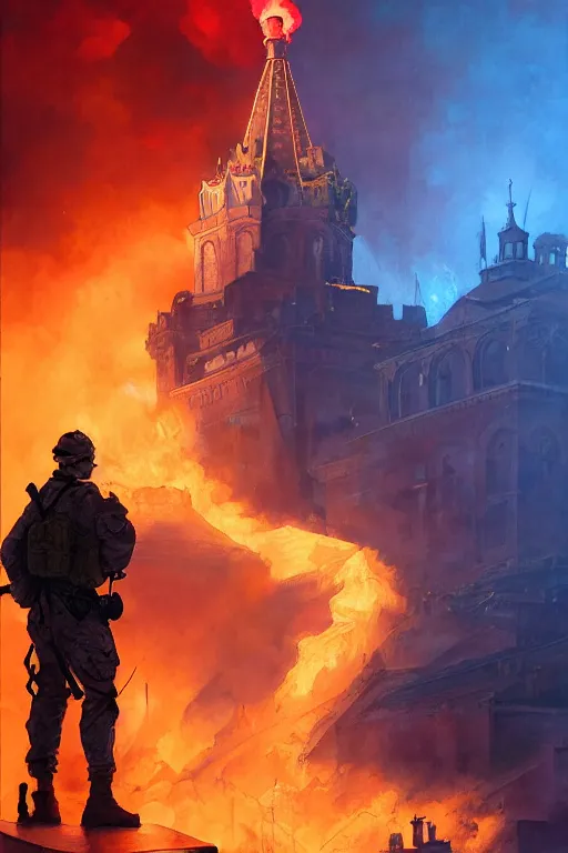 Prompt: special forces soldier with ukrainian blue and yellow flag watching red square burn, masculine figure, d & d, fantasy, bright atmosphere, volumetric lights, intricate, elegant, extremely detailed, digital painting, artstation, concept art, matte, smooth, sharp focus, hyper realistic, illustration, art by artgerm and greg rutkowski and alphonse mucha