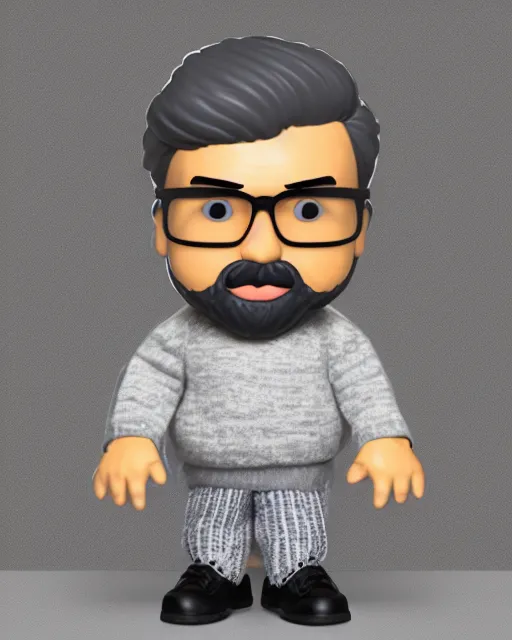 Prompt: full body 3 d render of indian man, chubby face, small dark grey beard, small glasses, grey hair, circle beard, sweater, as a full body funko pop!, studio lighting, grey background, single body, no shadow, blender, trending on artstation, 8 k, highly detailed