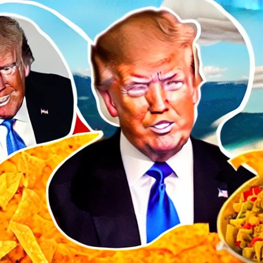 Image similar to Joe Biden and Donald Trump hang gliding together over a giant bowl of nacho cheese