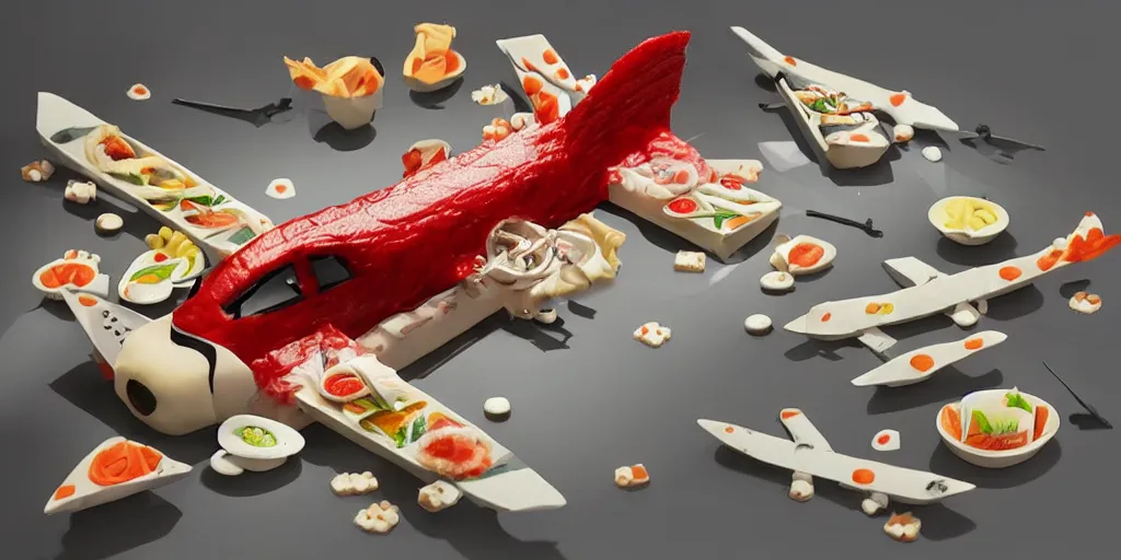 Image similar to airplane made of sushi, artstation trending, winner, 1 st place, dramatic lighting, tasty, food decoration, highend, illustration!!!!, fine details,