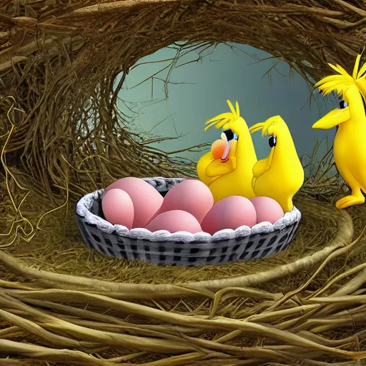 Prompt: Goofy laying eggs in a nest while big bird watches on, a proud and loving look on his face, digital artwork