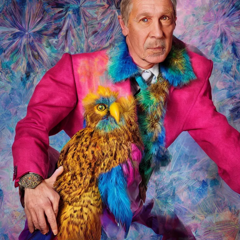 Image similar to high fashion photoshoot octane render portrait by wayne barlow and carlo crivelli and glenn fabry, a distinguished actor wearing a colorful wes anderson designed uniform and holding a tie - dye owl inside a high - end exotic colorful pastel vintage boutique hotel lounge, very short depth of field, bokeh