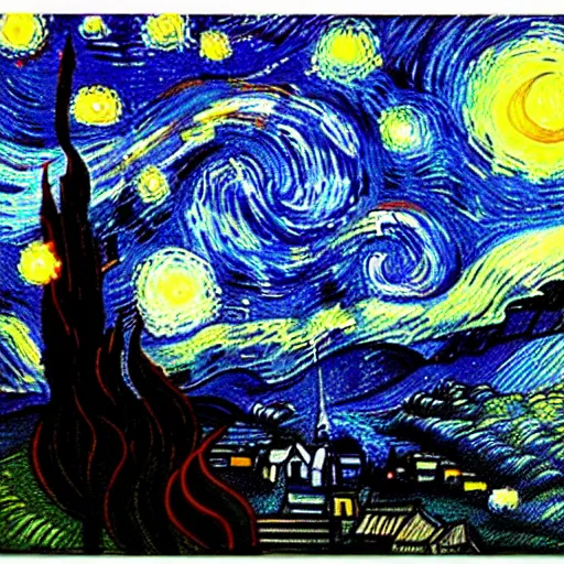 Image similar to “a foggy night in the style of starry night”