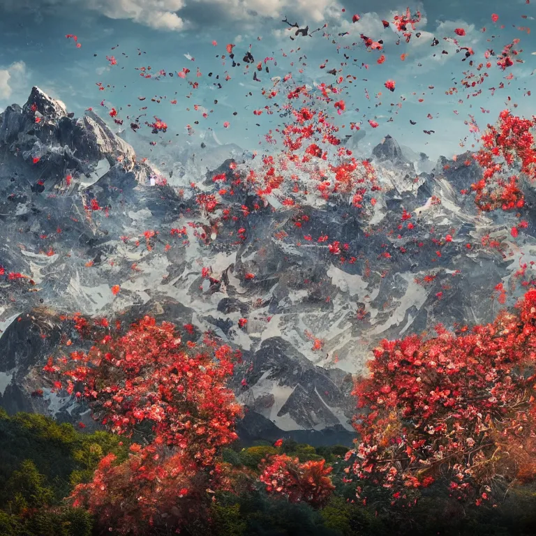 Image similar to a beautiful awesome artistic tree with falling flowers like leaves and many birds, all in the amazing outdoors view, mountain in the background, lake, long exposure, 8 k resolution, trending on artstation