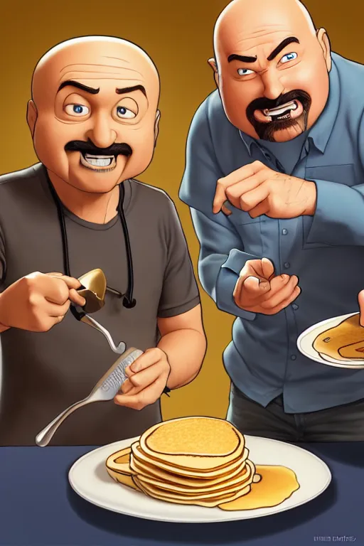 Image similar to dr phil making pancakes, animation pixar style, by pendleton ward, magali villeneuve, artgerm, rob rey and kentaro miura style, golden ratio, trending on art station