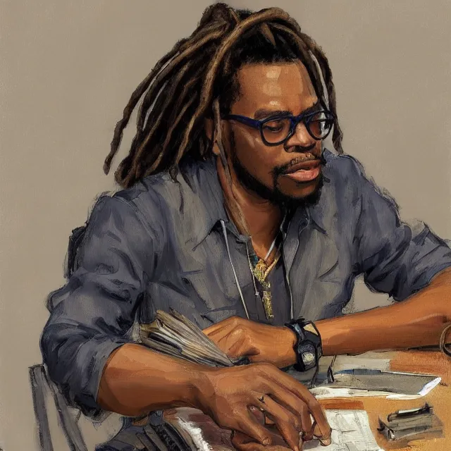 Image similar to a jamaican male with medium length locs, holding a sony camera, sitting at a computer desk, portrait, elegant, intricate, digital painting, artstation, concept art, smooth, sharp focus, illustration, art by konstantin korovin and daniel f. gerhartz and john howe