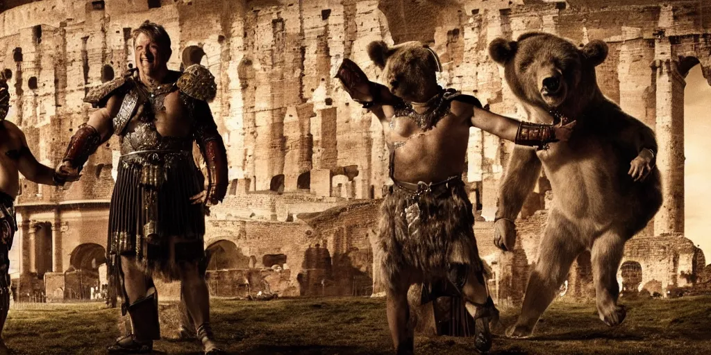 Prompt: Bill Gates dressed as a roman gladiator in front of an angry bear in the Colosseum. Film scene. Dramatic lightning. 4k.