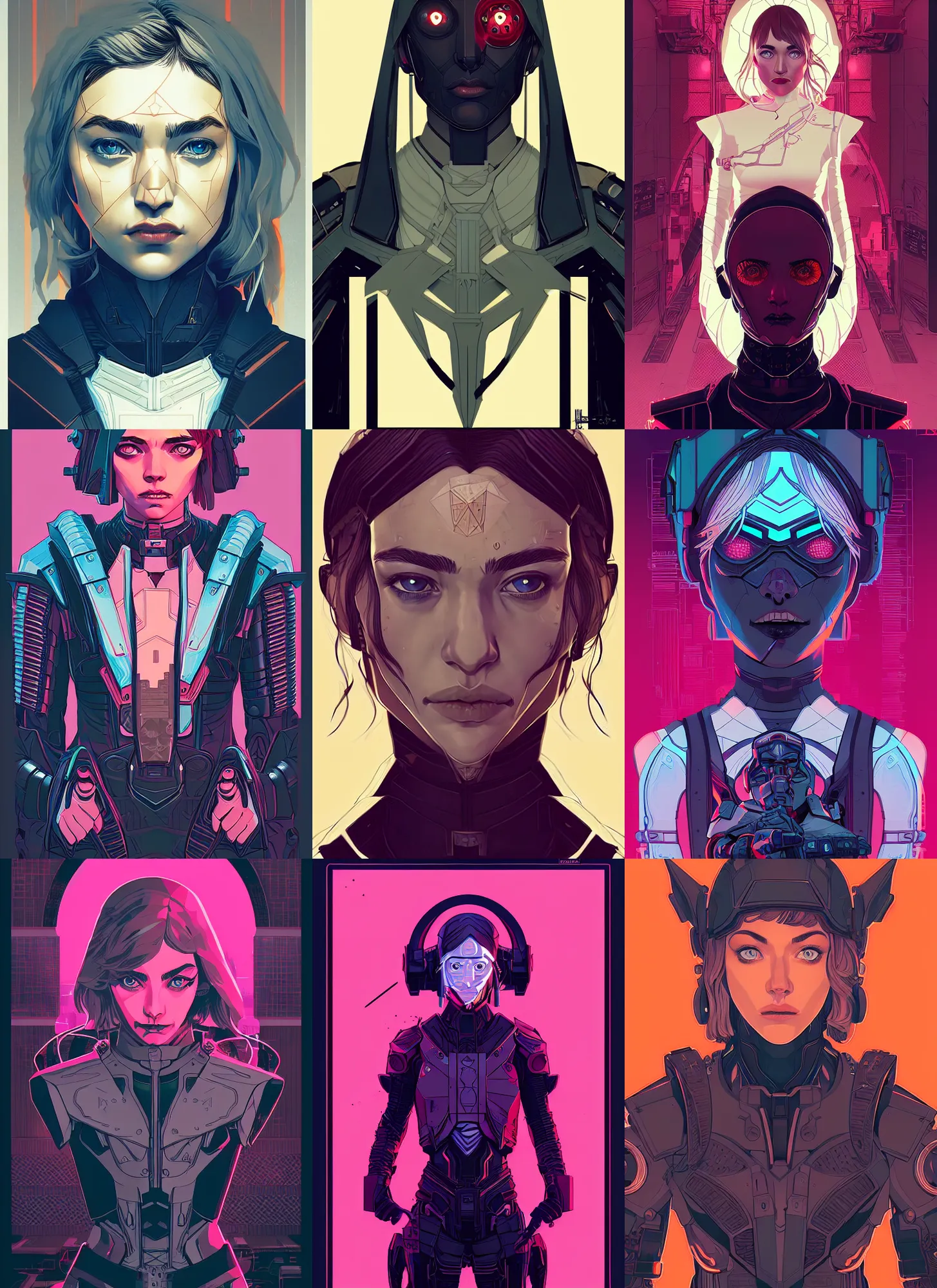 Prompt: front facing symmetrical centered portrait, Imogen Poots as a D&D Paladin, cyberpunk art by Tomer Hanuka, cgsociety, vanitas, ilya kuvshinov, 2d game art, official art