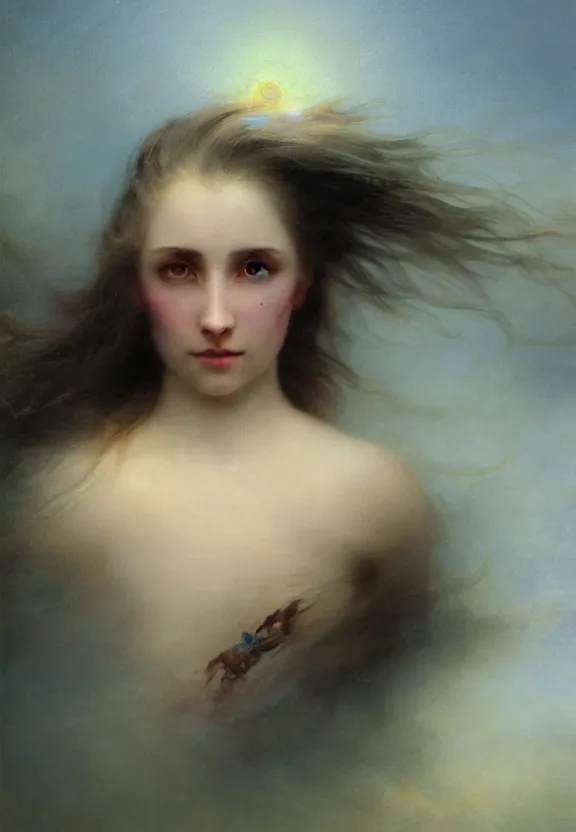 Image similar to three-quarters portrait with papery flaking skin, piercing multi-colored eyes, and under water flowing hair, dreams of the fae; painted in oil on canvas; highly detailed surrealism by Aleksi Briclot and Ivan Aivazovsky; 8k