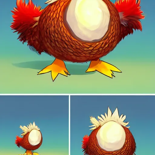 Image similar to A pokemon that looks like a rooster, The coconut shell wrapped around him,The rooster hides inside and sticks his head out to peek，Trending on art station. Unreal engine.