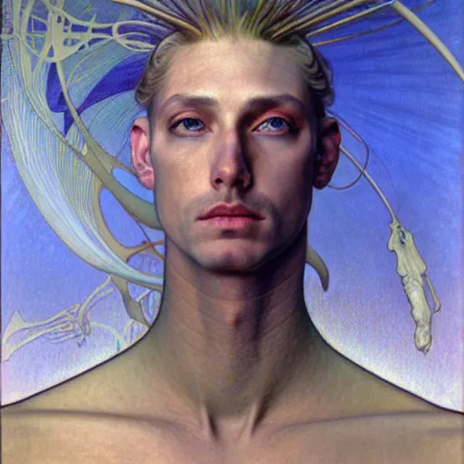 Prompt: realistic extremely detailed portrait painting of an average man ,futuristic , by Jean Delville, Amano, Yves Tanguy, Alphonse Mucha, Ernst Haeckel, Edward Robert Hughes, Roger Dean, rich moody colours, blue eyes