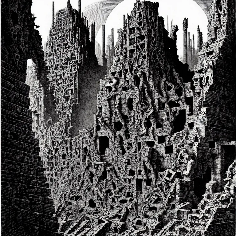 Image similar to the ruins of babylon. extremely high details, perfect face, black and white, masterpiece, magnum opus engraving by gustave dore, jean giraud, philippe druillet