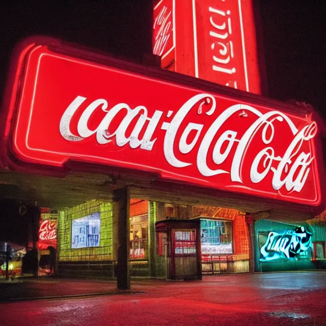 Image similar to kodachrome photograph, saturated photo, neon coca - cola sign on a rainy night