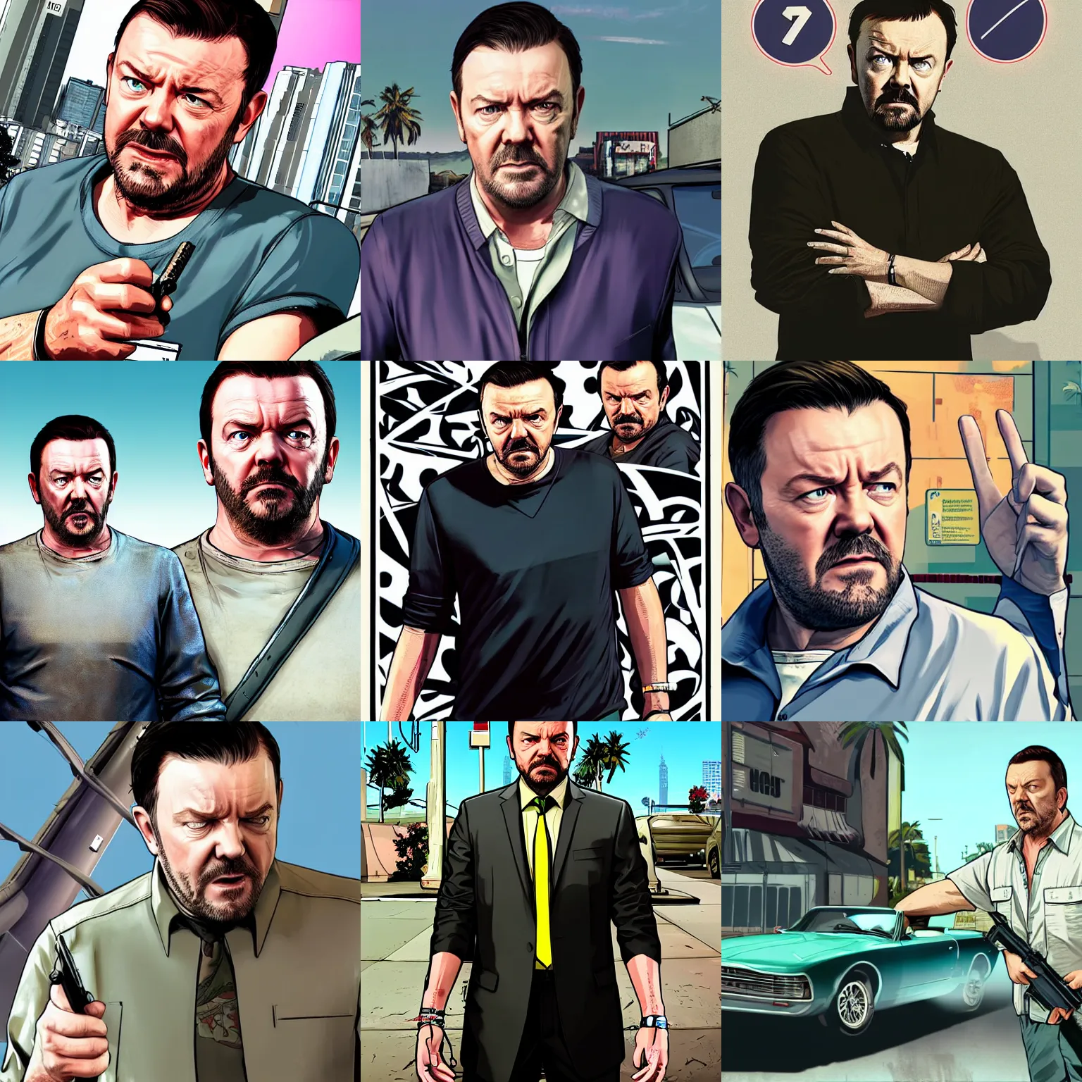 Prompt: ricky gervais in gta v promotional art by stephen bliss, no text