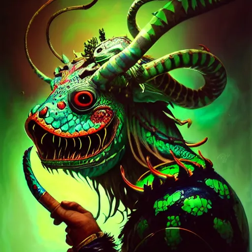 Image similar to side profile of barong family member, wiwek, mara demon, one single tribe member, jungle, one single mask, dark, ancient viking warrior, snake, dragon, green poison arrow frog, tribal, inner glow, paint by peter mohrbacher