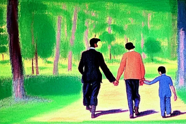 Image similar to a very tall man named John with dark hair holding the hands of a short young boy named Alex with dark hair as they walk in a park on a bright beautiful colorful day. part in the style of an edgar degas painting. part in the style of david hockney