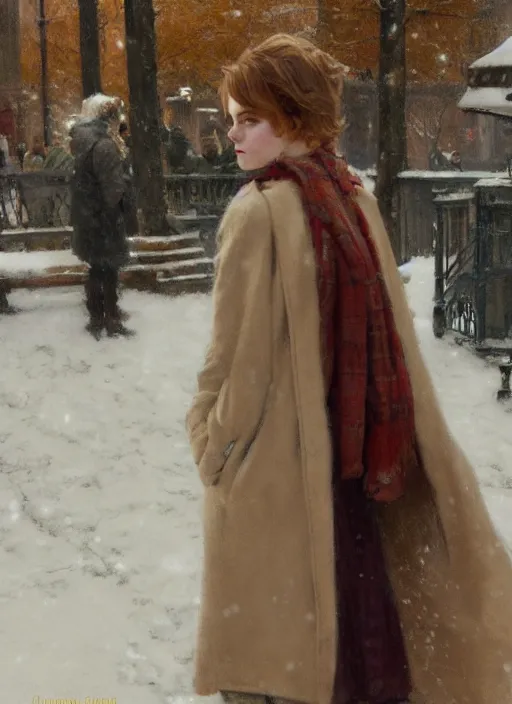 Image similar to back of emma stone in beige coat, talking to timothee chalamet in new york winter, snow, artwork by gaston bussiere, craig mullins, trending on artstation