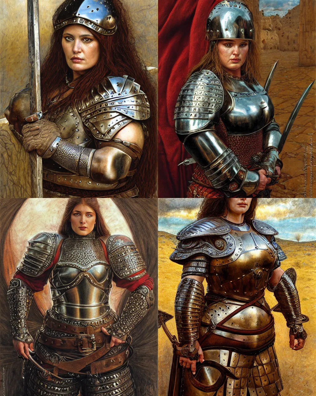 Prompt: portrait, big robust female medieval warrior wearing leather breastplate, roman style, ultrarealistic, hyperdetailed, smooth, reflections, soft lighting, sharp focus, intricate, by donato giancola, brian froud, jeff easley
