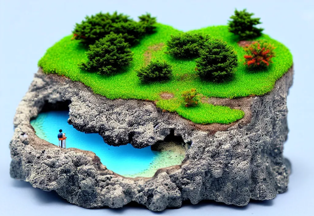 Prompt: orama miniature island on ocean, microscopic view, with godray,