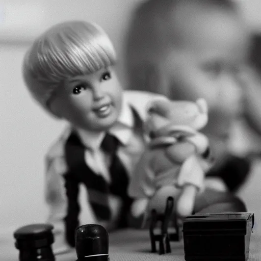 Image similar to 3 5 mm macro photograph of a young donald trump playing w barbie dolls, highly detailed, 4 k